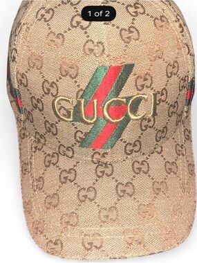 Authentic Gucci Beige Monogram Cap with Red & Green Stripe